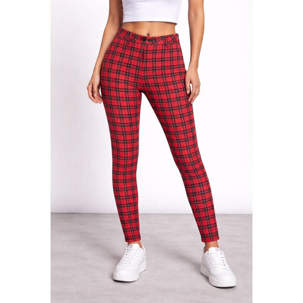 Labijou Scottish Tartan Skinny Leg High Waist Pants Red M